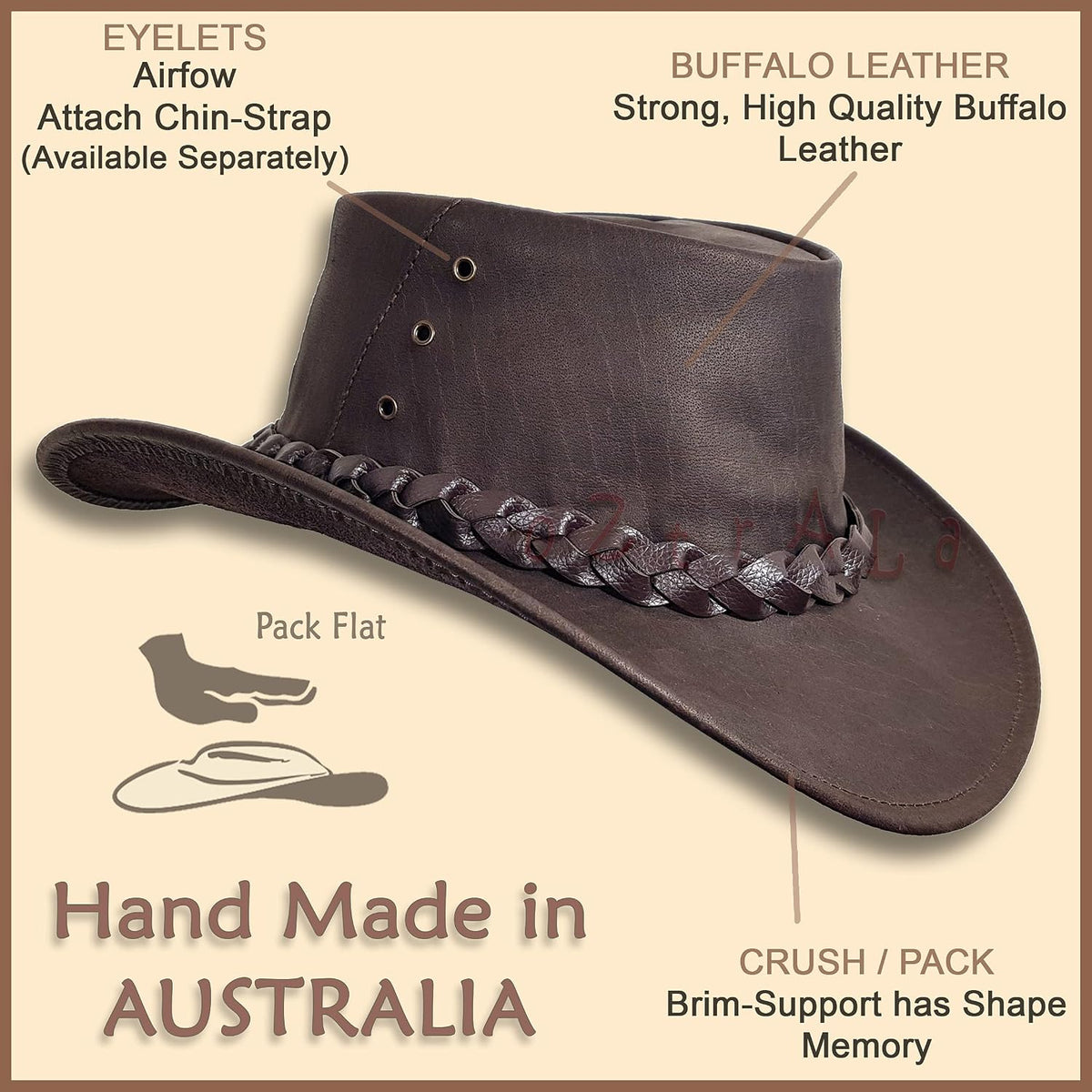Oztrala Buffalo Leather Hat Australian Outback Western Cowboy Mesh Mens Womens Kids Jacaru Black Brown Tan HLBS HLBB