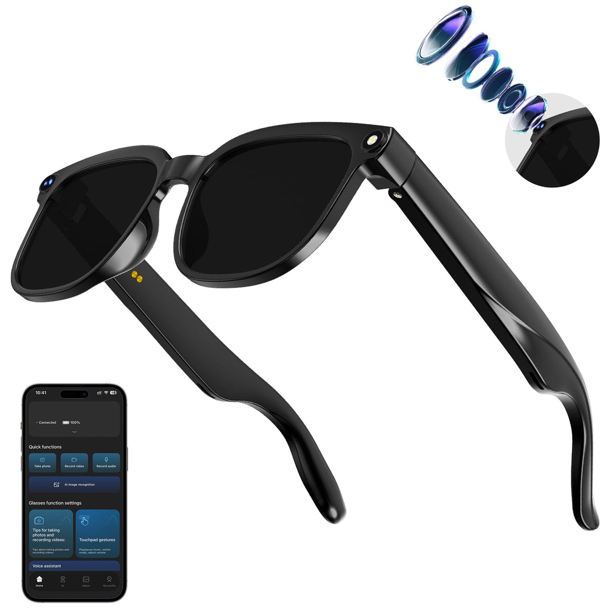 AI Smart Glasses with Camera, 1080P EIS Video, Bluetooth Music