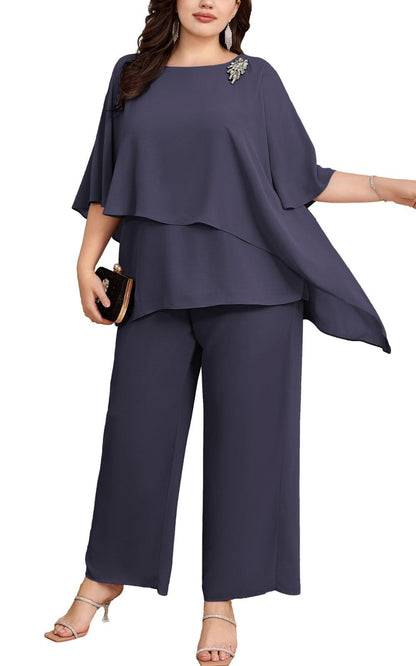 Hanna Nikole Plus Size Mother of Bride Pant Suits 2 Piece Chiffon Sets Ruffle Layers Wedding Guest Outfit