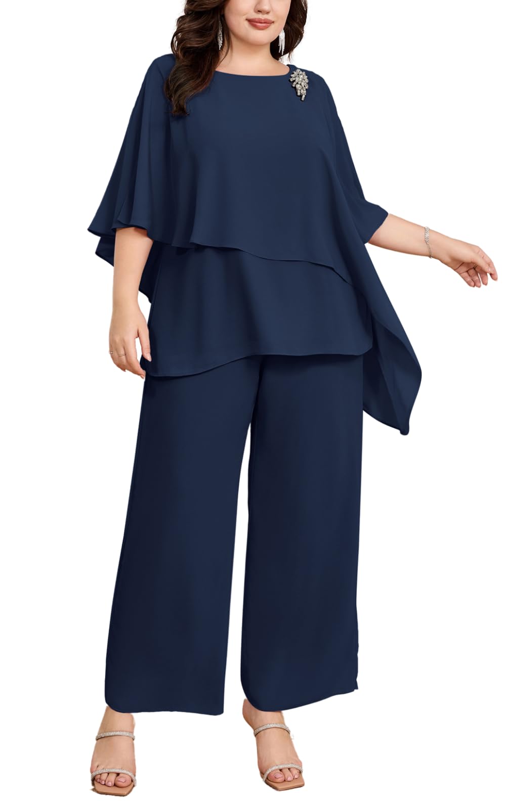 Hanna Nikole Plus Size Mother of Bride Pant Suits 2 Piece Chiffon Sets Ruffle Layers Wedding Guest Outfit