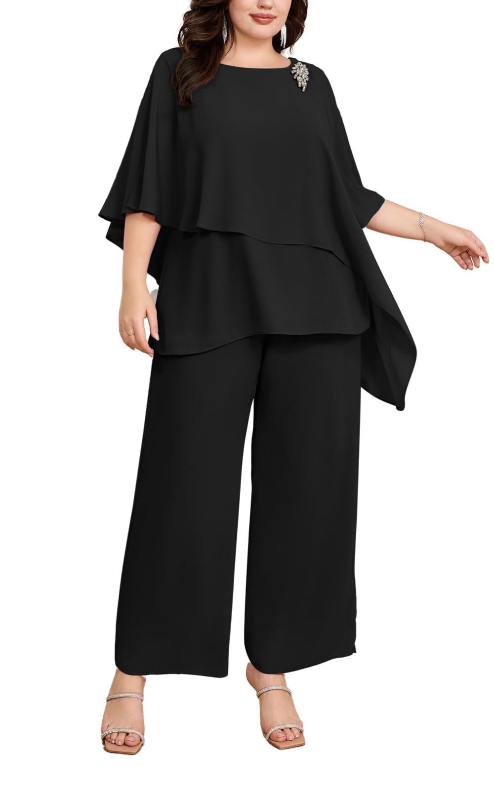 Hanna Nikole Plus Size Mother of Bride Pant Suits 2 Piece Chiffon Sets Ruffle Layers Wedding Guest Outfit