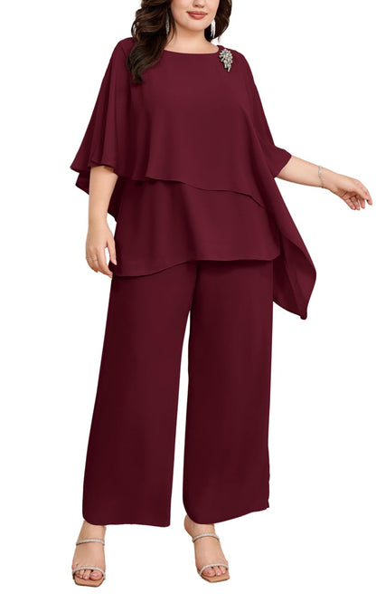 Hanna Nikole Plus Size Mother of Bride Pant Suits 2 Piece Chiffon Sets Ruffle Layers Wedding Guest Outfit