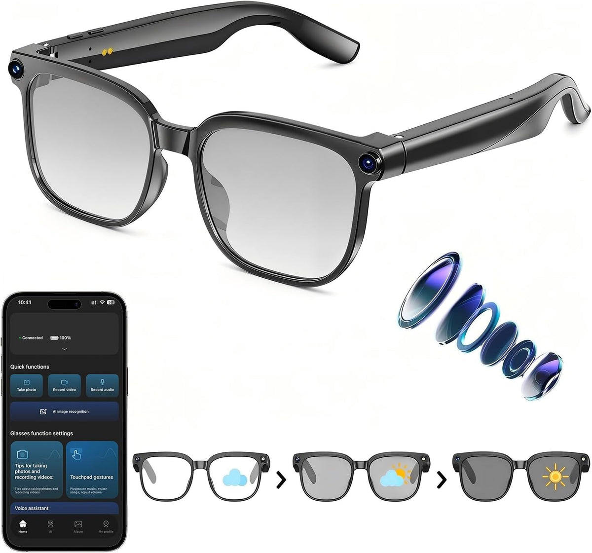 AI Smart Glasses with Camera, 1080P EIS Video, Bluetooth Music