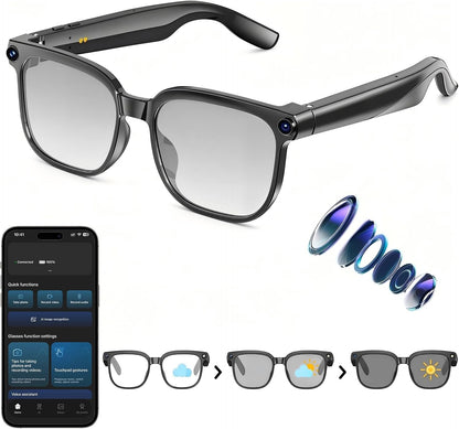 AI Smart Glasses with Camera, 1080P EIS Video, Bluetooth Music