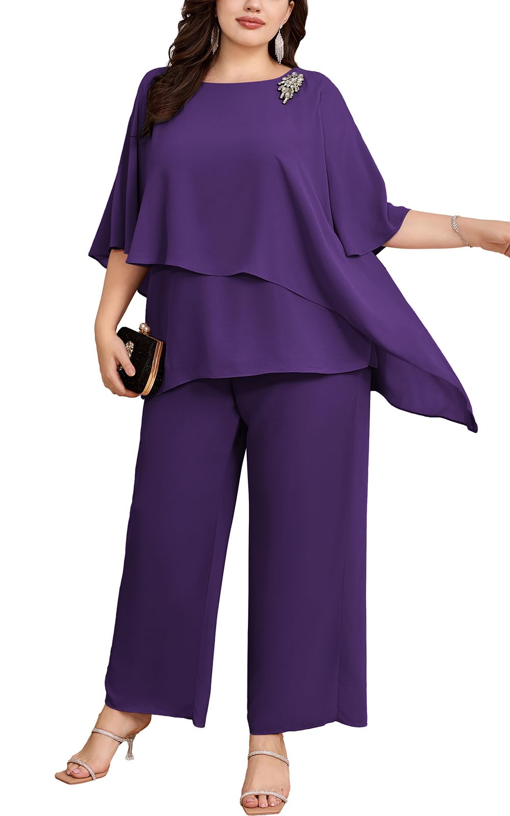 Hanna Nikole Plus Size Mother of Bride Pant Suits 2 Piece Chiffon Sets Ruffle Layers Wedding Guest Outfit