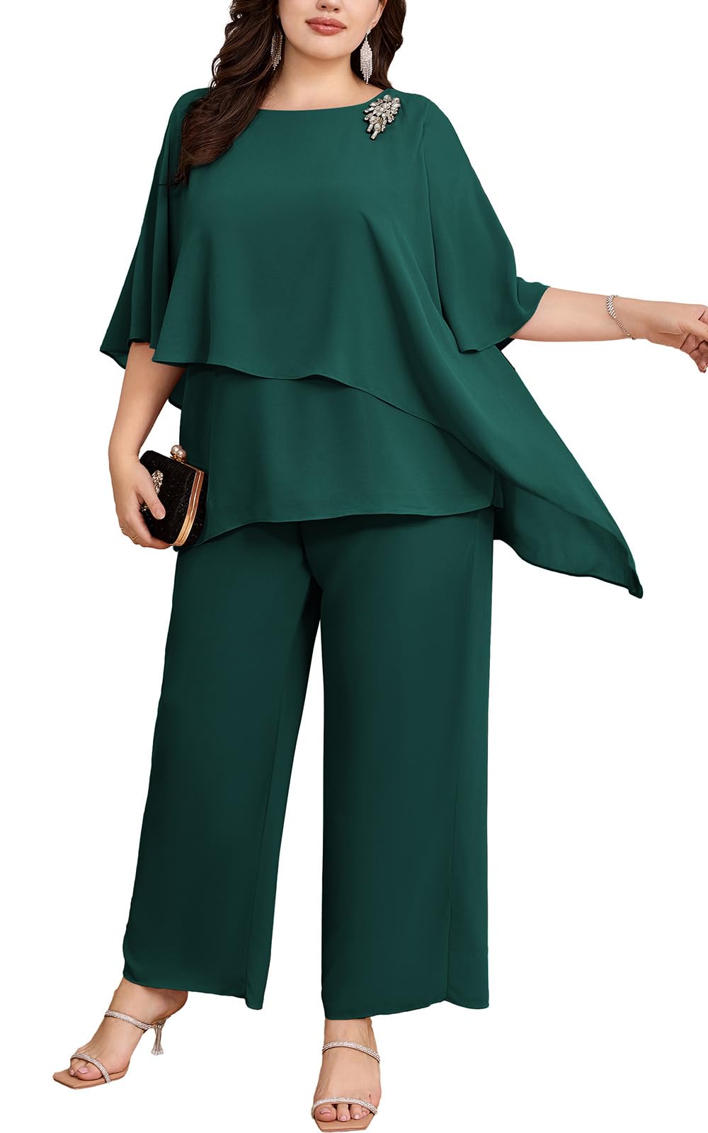 Hanna Nikole Plus Size Mother of Bride Pant Suits 2 Piece Chiffon Sets Ruffle Layers Wedding Guest Outfit