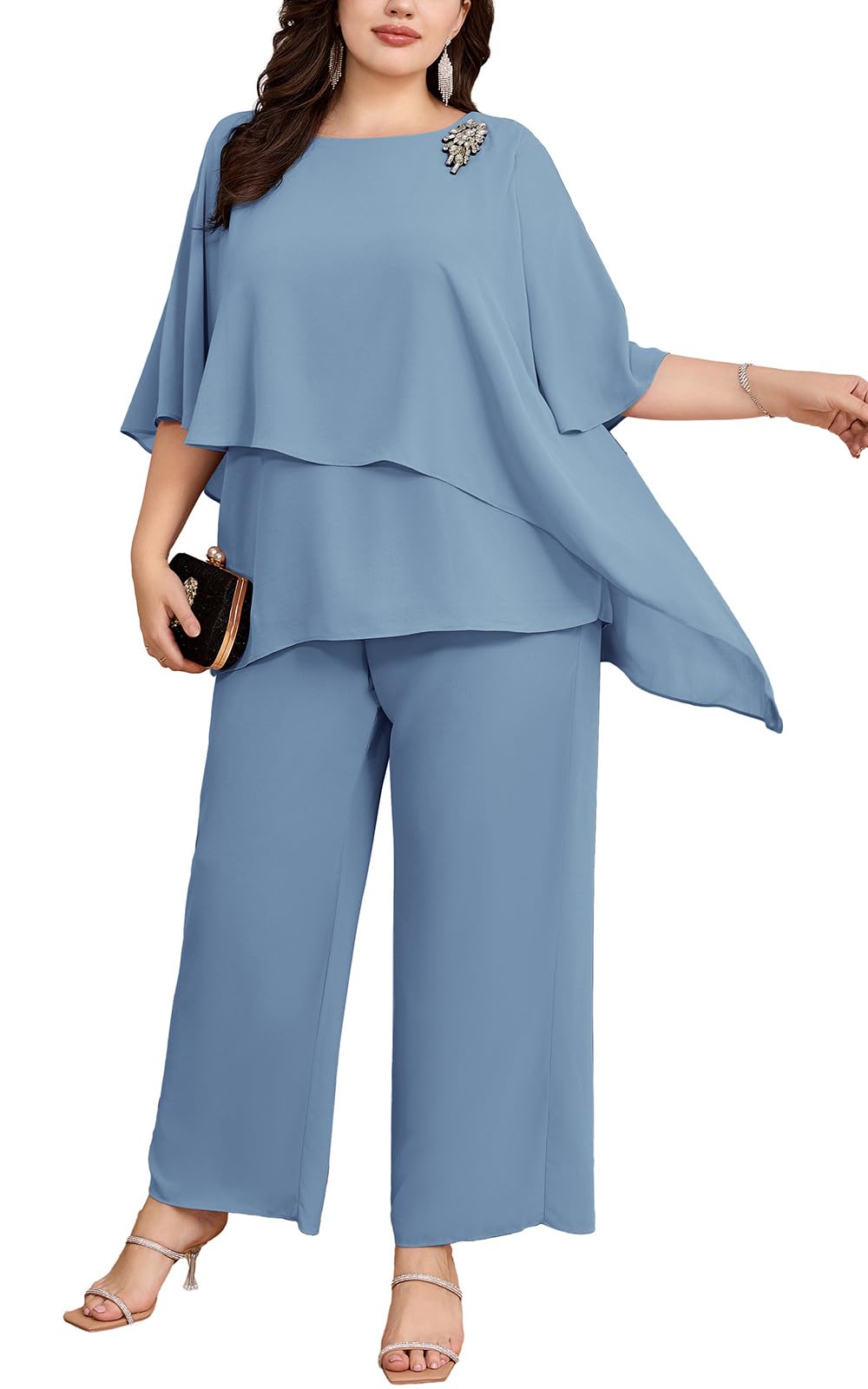 Hanna Nikole Plus Size Mother of Bride Pant Suits 2 Piece Chiffon Sets Ruffle Layers Wedding Guest Outfit