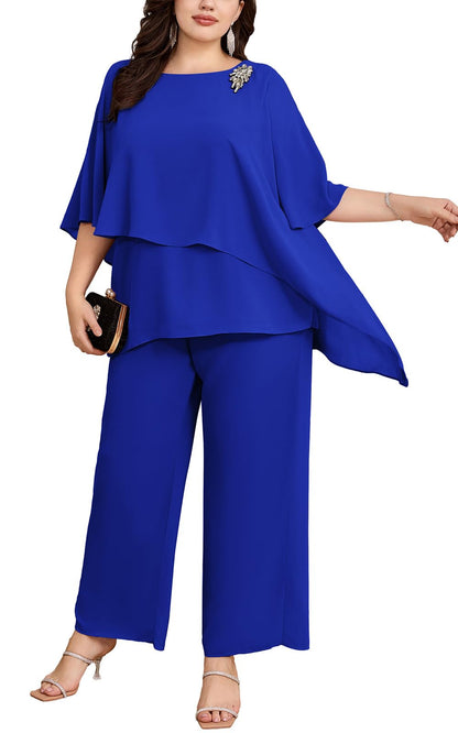 Hanna Nikole Plus Size Mother of Bride Pant Suits 2 Piece Chiffon Sets Ruffle Layers Wedding Guest Outfit