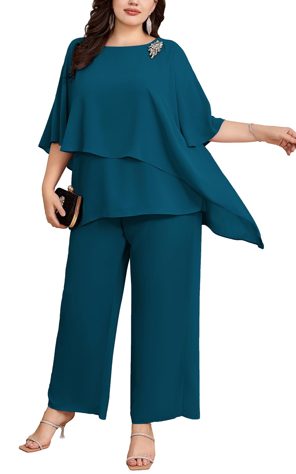 Hanna Nikole Plus Size Mother of Bride Pant Suits 2 Piece Chiffon Sets Ruffle Layers Wedding Guest Outfit
