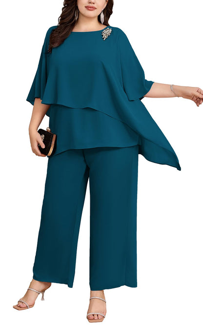 Hanna Nikole Plus Size Mother of Bride Pant Suits 2 Piece Chiffon Sets Ruffle Layers Wedding Guest Outfit