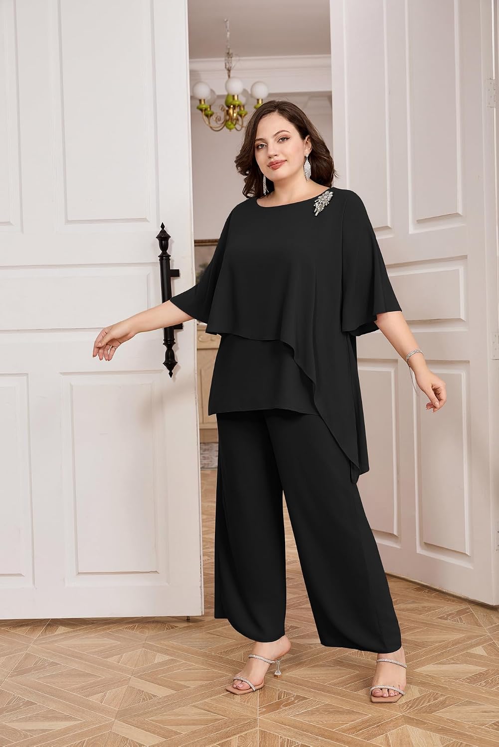 Hanna Nikole Plus Size Mother of Bride Pant Suits 2 Piece Chiffon Sets Ruffle Layers Wedding Guest Outfit