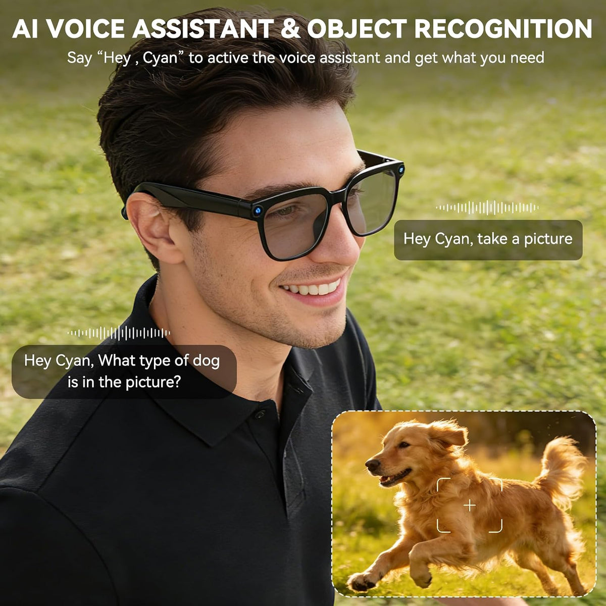 AI Smart Glasses with Camera, 1080P EIS Video, Bluetooth Music