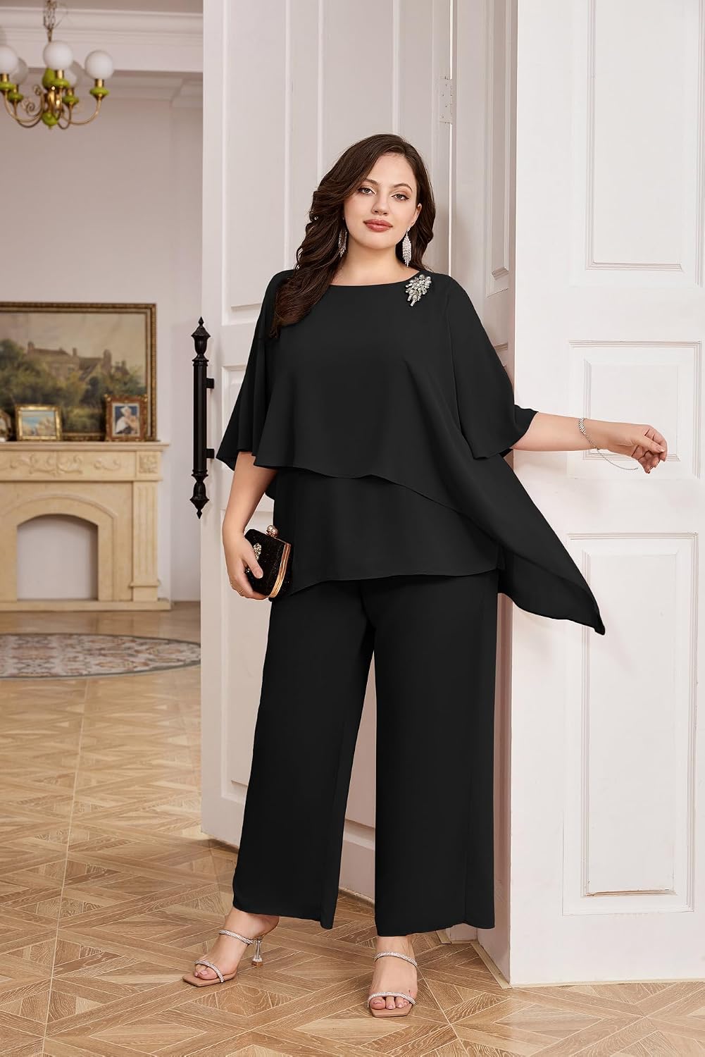 Hanna Nikole Plus Size Mother of Bride Pant Suits 2 Piece Chiffon Sets Ruffle Layers Wedding Guest Outfit