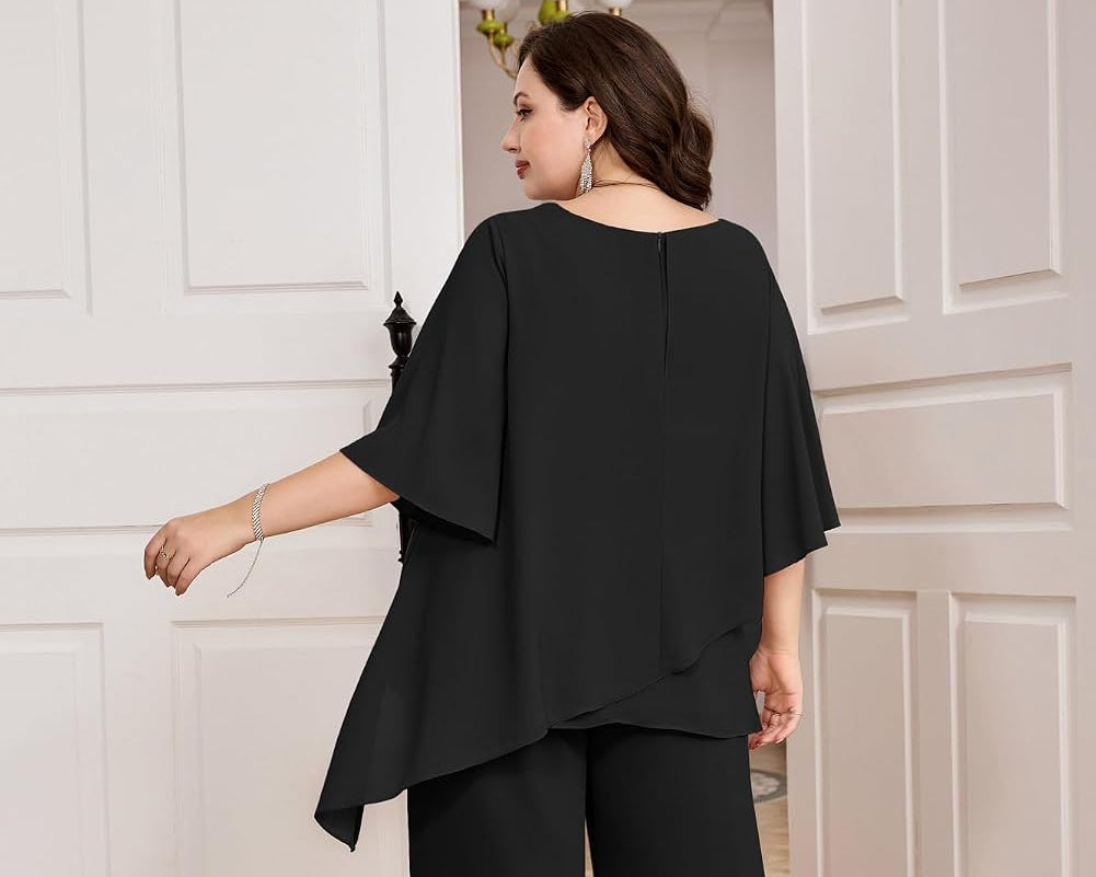 Hanna Nikole Plus Size Mother of Bride Pant Suits 2 Piece Chiffon Sets Ruffle Layers Wedding Guest Outfit