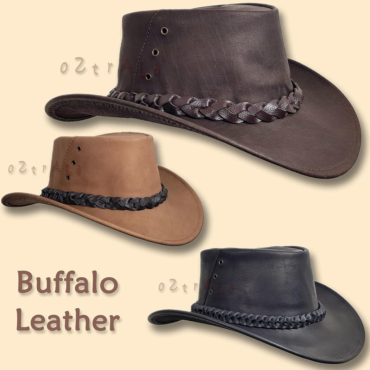 Oztrala Buffalo Leather Hat Australian Outback Western Cowboy Mesh Mens Womens Kids Jacaru Black Brown Tan HLBS HLBB