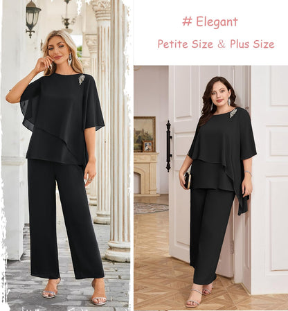 Hanna Nikole Plus Size Mother of Bride Pant Suits 2 Piece Chiffon Sets Ruffle Layers Wedding Guest Outfit