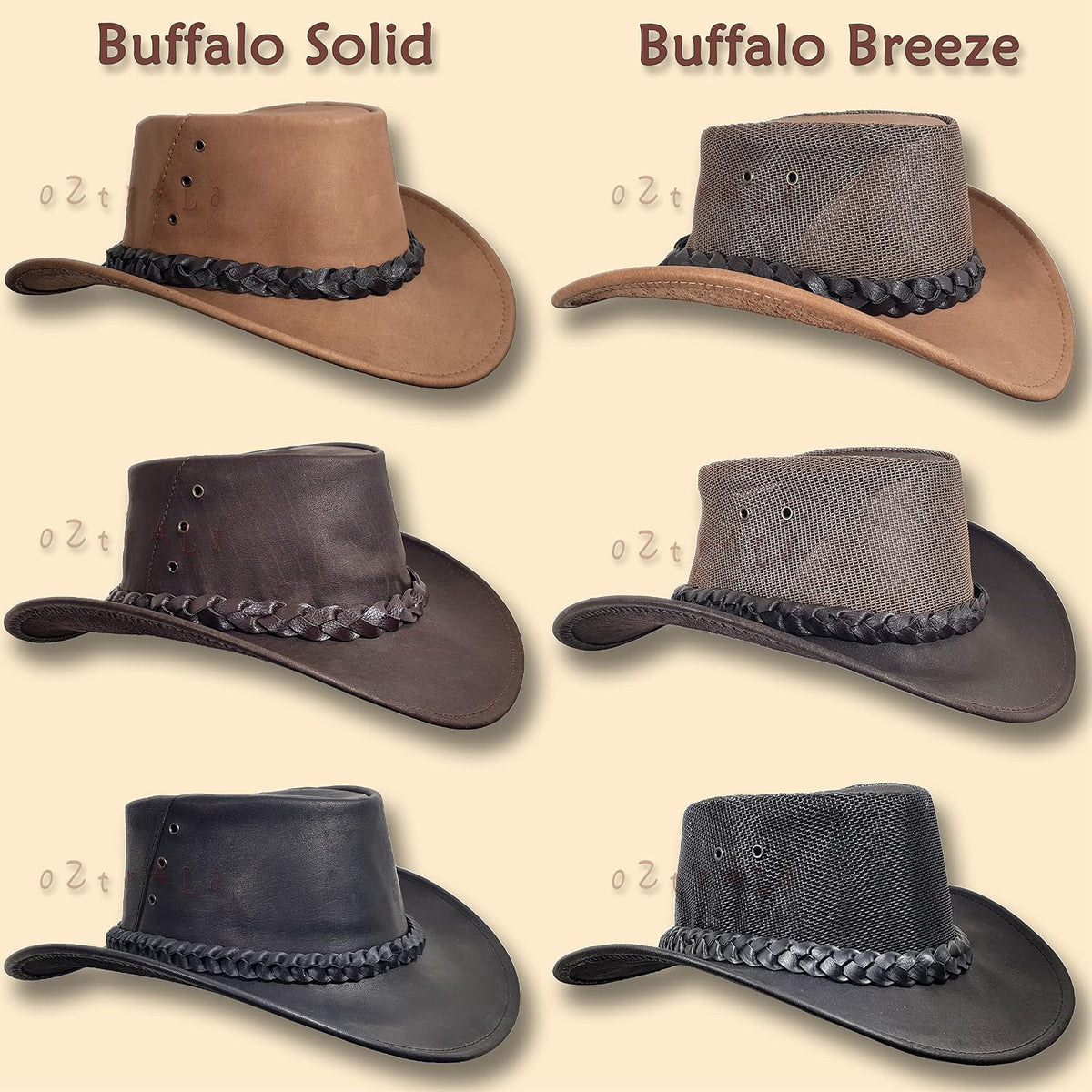 Oztrala Buffalo Leather Hat Australian Outback Western Cowboy Mesh Mens Womens Kids Jacaru Black Brown Tan HLBS HLBB